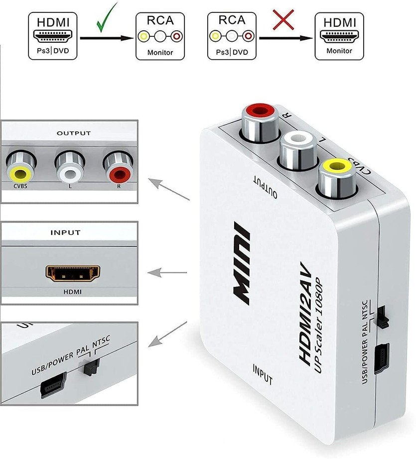 HDMI to RCA AV/CVSB L/R VideoAV/RCA CVBS Adapter Mini HDMI2AV Video ConverterBox Media Streaming Device (White)